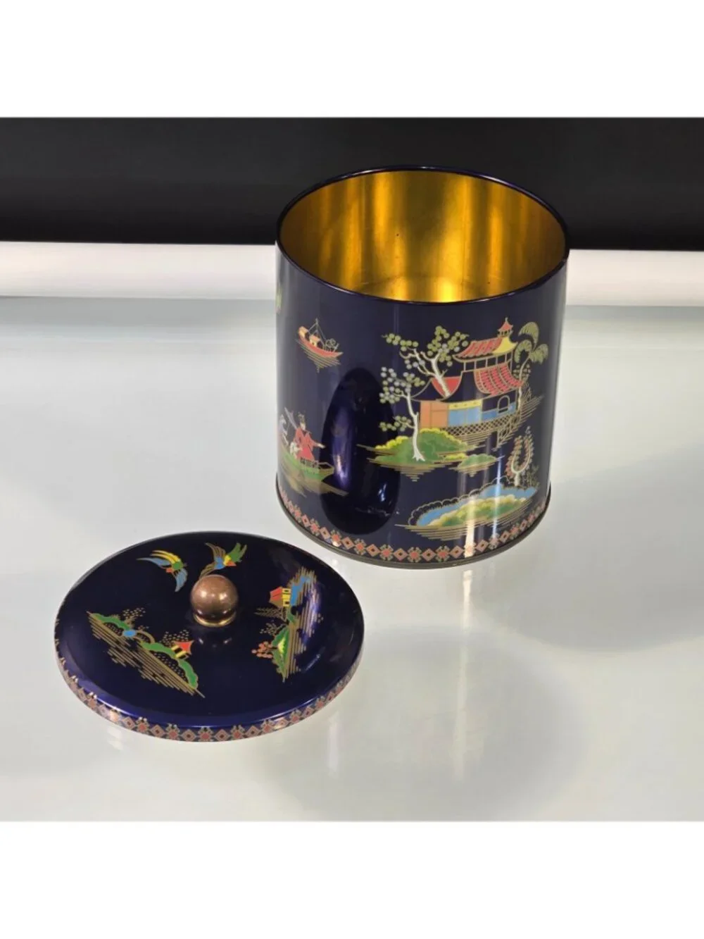 Vintage Daher Design Candy Biscuit Tin Made in England Navy Blue Asian Themed
